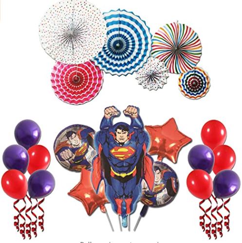Rasuimpex Superman Theme Foil Balloon + 2pcs Circle Foil Balloons + 2Pcs  Star Foil Balloons + Multicolor Paper Fan Decoration-Set of 6 + 10 Ocs Red  & Blue Latex Balloon for Birthday Theme Decoration – 