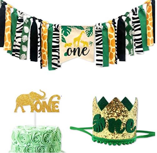 RasuImpex Set of 3 Jungle Safari First (1st) Birthday Wild One High Chair  Banner Party Decoration, Photo Shoot Props, Cake Mash Backdrop, Tropical  Forest Style with Crown and Elephant Cake Topper –