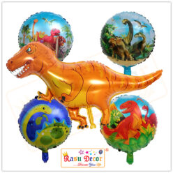 RasuDecor 5Pcs (1*42” Tyrannosaurus Flavus Orange Dinosaur +4*18” Dinosaur Print Circle Foil Balloon) (Set of 5) Birthday Theme Party Decorations Celebrations, Anniversary Bouquet #RasuImpex