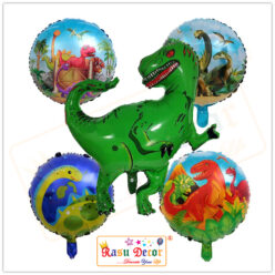 RasuDecor 5Pcs (1*33.5” Tyrannosaurus Rex Green +4*18” Dinosaur Print Circle Foil Balloon) (Set of 5) Birthday Theme Party Decorations Celebrations, Anniversary Bouquet Balloons (Set of 5pcs) #RasuImpex