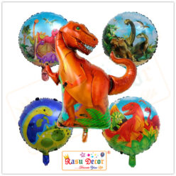 RasuDecor 5Pcs (1*36” Tyrannosaurus Rex Orange+ 4*18” Dinosaur Print Circle Foil Balloon) (Set of 5) Birthday Theme Party Decorations Celebrations, Anniversary Bouquet Balloons #RasuImpex
