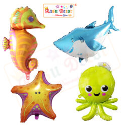 RasuDecor 4Pcs Giant (39” Shark+36” Octopus + 37.5” Sea Horse + 25.5” Star Fish each 1) Ocean Animals Under the Sea Theme Mylar Foil Balloons Dolphin Fish for Wedding Birthday Party Decorations #RasuImpex