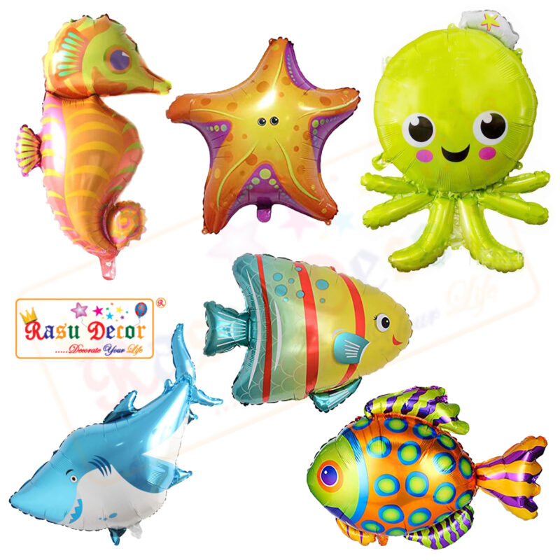 RasuDecor 6Pcs Set (39”Shark + 36” Octopus + 37.5”Sea Horse + Tropical Fish(31” + 34”) + 25.5” Star Fish) Ocean Animals Under the Sea Theme Mylar Foil Balloons for Birthday Party Decorations #RasuImpex