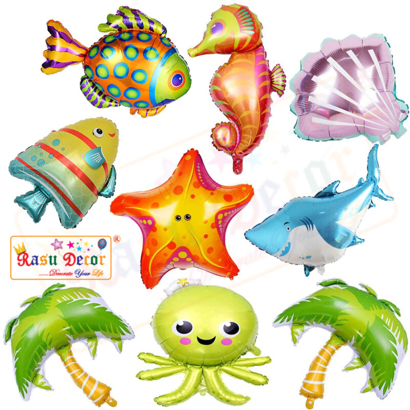 RasuDecor 9Pcs Set (39”Shark + 36” Octopus + 37.5”Sea Horse+Tropical Fish(31”+34”)+ 25.5”Star Fish+22”Shell+36” Palm Tree-2) Under the Sea Theme Mylar Foil Balloons for Birthday Party Decorations #RasuImpex