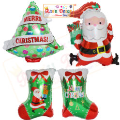 RasuDecor 4Pcs Giant (31.5” Santa Claus-1+26.8” Merry Christmas Tree-1+24.5” Stockings-2) Mylar Foil Balloon Tree/Bell/Gift Box/Cane/ Stockings Aluminum Foil Xmas Decorations #RasuImpex