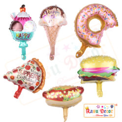 RasuDecor 6pcs 18” Mini (Cone & Hamburg Ice Cream, Cut Donut & Pizza Slice, Burger & Hotdog each 1pc) Mylar Foil Balloon Birthday Engagement Wedding Baby Shower Donut Theme #RasuImpex