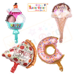 RasuDecor 4pcs 18” Mini (Cone & Hamburg IceCream, Cut Donut & Pizza Slice each 1pc) Mylar Foil Balloon Kid’s Toy Birthday Engagement Wedding Baby Shower Donut Theme #RasuImpex