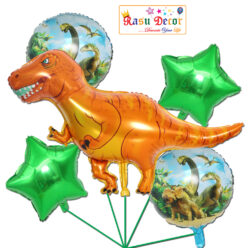 RasuDecor 5Pcs (1*42” Tyrannosaurus Flavus Orange+2*18” Dinosaur Circle+2*18” Star Foil Balloon) (Set of 5) Birthday Theme Party Decorations Celebrations, Anniversary Bouquet Balloons #RasuImpex